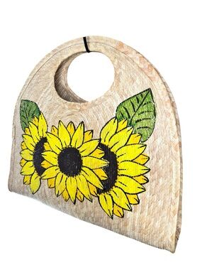 Sunflower Hand-Painted Woven Straw Top Handle Clutch Beach Bag Boh